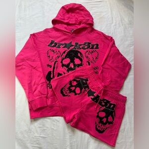 Broken Promises Faceless Pink Rhinestone Skull Hoodie & Shorts Set Size Medium